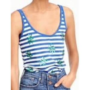 J. Crew Blue & White Striped Sequin Palm Leaves Linen Blend Tank Top Women's S